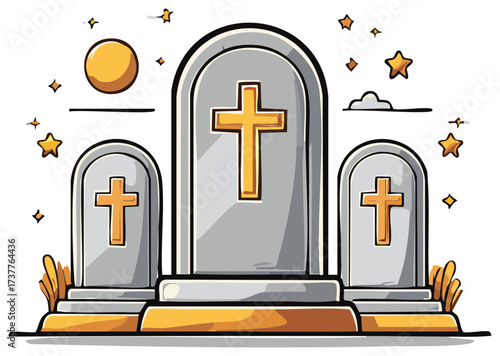 Cemetery Tombstones with Cross Symbols Graphic Illustration