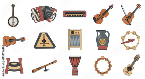 Collection of Musical Instruments - Banjo, Accordion, Violin, and More.