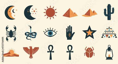 Collection of mystical and ancient Egyptian symbols and desert elements.
