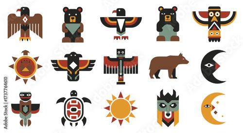 Collection of Native American Totem Pole and Symbol Designs.