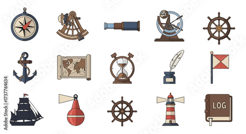 Collection of nautical and navigation themed icons and symbols.