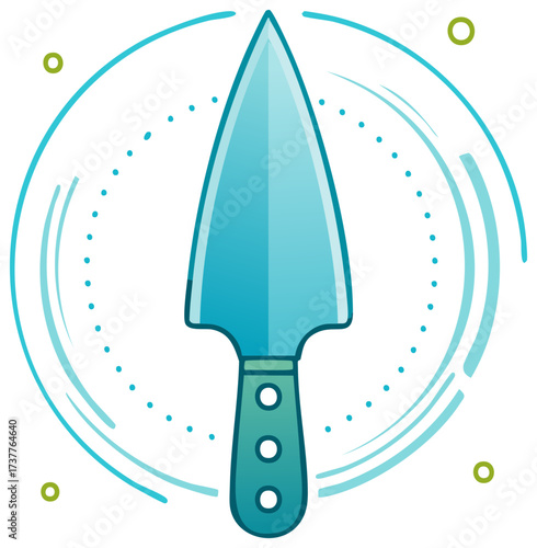 Stylized blue garden trowel with pointed blade for planting and digging surrounded by a decorative circular frame