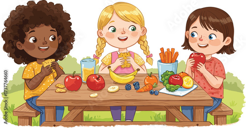 Children eating outdoors, kids picnic table, healthy food, fruits and vegetables, social mealtime, outdoor lunch, childhood nutrition, happy kids, friendship bonding