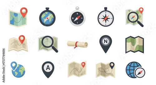 Collection of Navigation and Cartography Icons for Travel and Exploration.