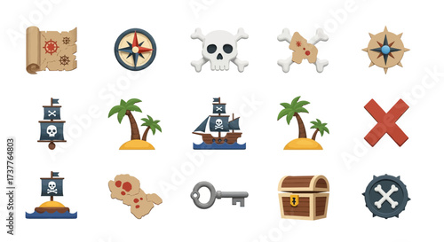Collection of pirate themed icons and symbols for treasure hunting and adventure.