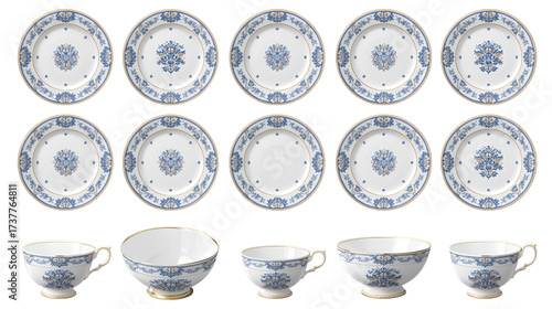 Luxury Porcelain Tableware – Blue & Gold Ornaments, Transparent Background