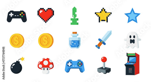 Collection of pixelated game icons representing various elements and items.