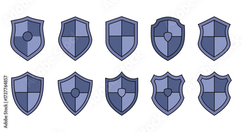 Collection of various blue shield designs displayed in a neat arrangement