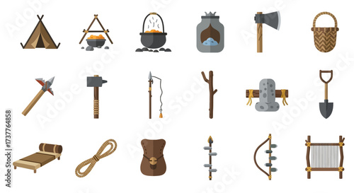 Collection of Primitive Survival Tools and Camping Gear.
