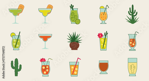 Collection of Refreshing Cocktails and Cacti Illustrations.