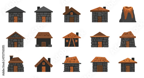 Collection of Rustic Medieval Village Houses and Structures.