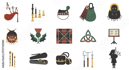 Collection of Scottish Cultural Symbols and Instruments.