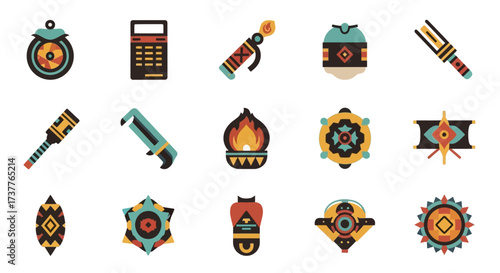 Collection of Stylized Ancient Artifact and Weapon Icons.