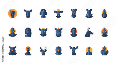 Collection of stylized animal and human-like heads with dark blue and orange accents.