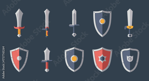 Collection of stylized fantasy swords and shields game assets.