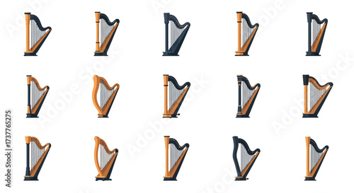 Collection of stylized harp musical instrument vector icons.