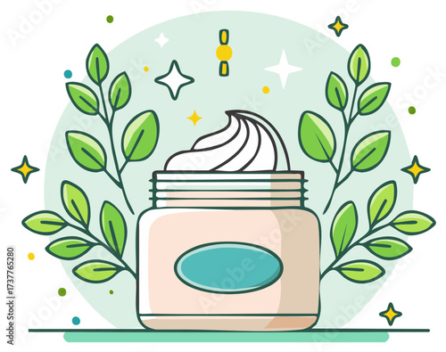 Skincare cream jar with green plant leaves and stars illustration