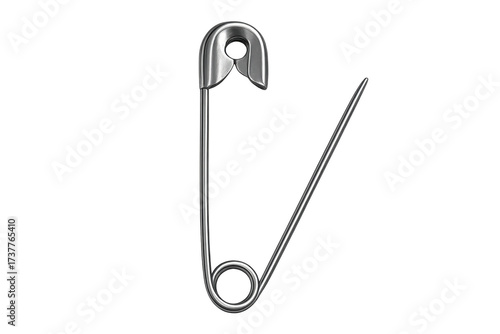 Open safety pin made of silver metal, transparent background