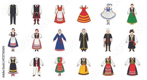 Collection of Traditional Folk Costumes from Various European Cultures.