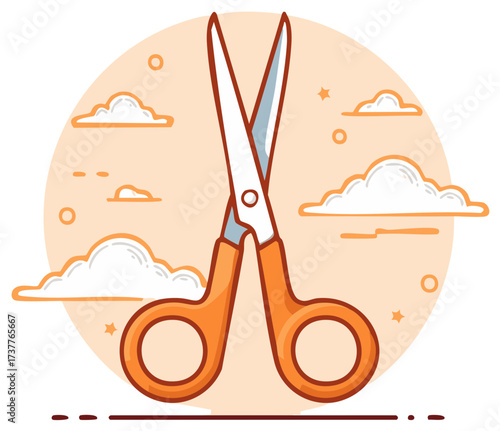 Orange Scissors Open Against a Cloudy Sky Background Graphic Illustration