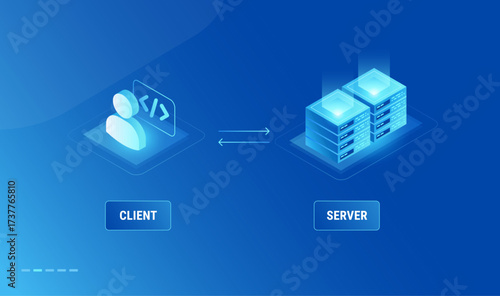 Client server connection model diagram - technology isometric infographics vector illustration