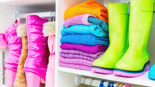 Vibrant Winter Wardrobe Organization: Stacked Sweaters, Pink Puffer Jackets, and Bright Green Rain Boots