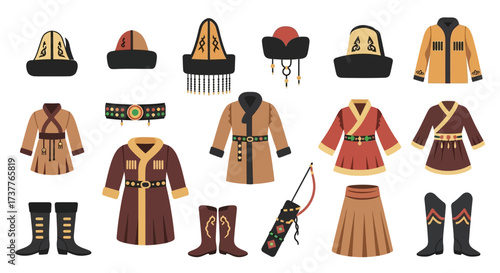 Collection of Traditional Mongolian Clothing and Accessories.