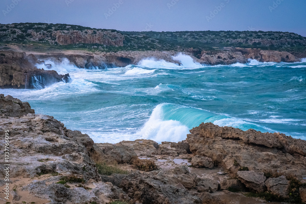 Fototapeta premium rough waves and storm at Cape Greco on Cyprus