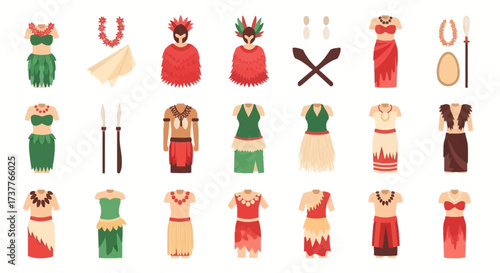 Collection of Traditional Polynesian Outfits and Accessories.