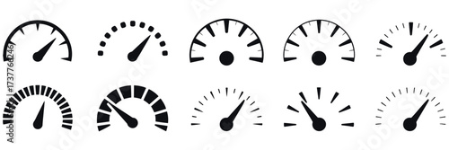 Dashboard speedometer icon set featuring tachometer and performance indicators, isolated flat vector elements representing car speed, fast internet speed, and automotive performance measurement signs.