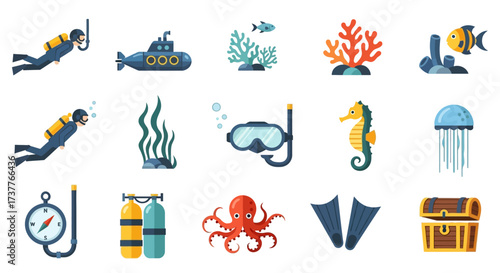 Collection of underwater diving and marine life icons.