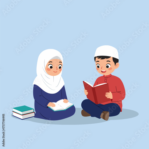 Smiling Muslim Kids Reading Books: Islamic Education, Quran Learning