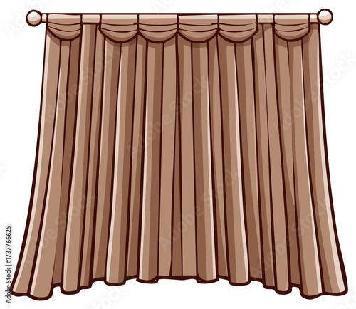 Cartoon illustration of decorative brown curtains hanging on a rod
