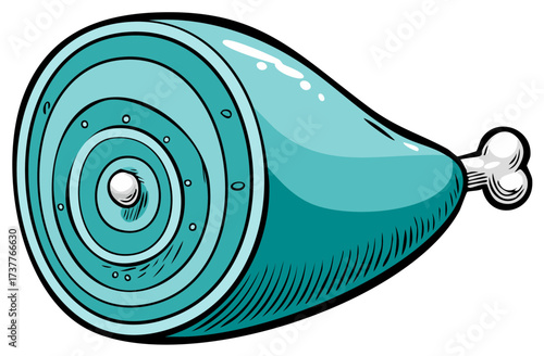 Cartoon illustration of a strange blue spiral cut leg of ham with a bone