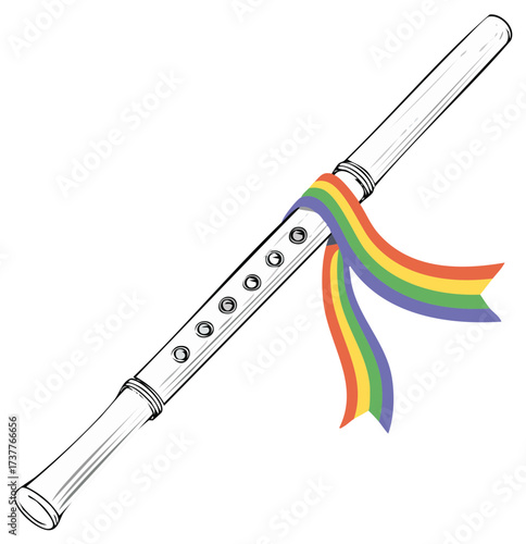 Sketch Illustration of a flute decorated with a rainbow colored ribbon