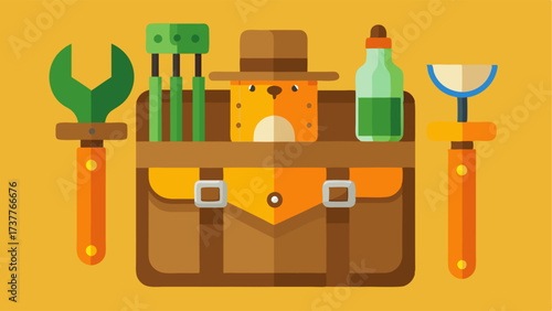 A mockup of a zookeepers tool belt featuring tools used to care for the animals.
