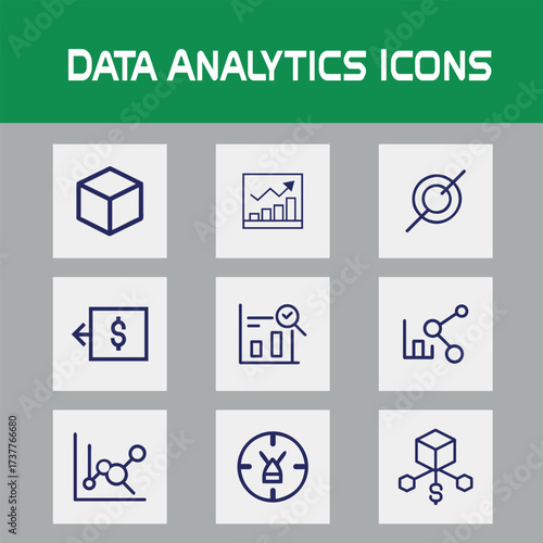 Data Analytics Line art icon Vector Set, Chart, graph, report, growth, trend, statistics, Marketing