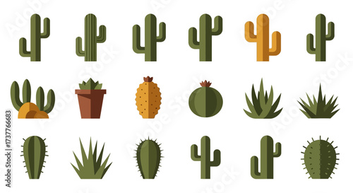 Collection of various cactus plants in flat design style illustration.