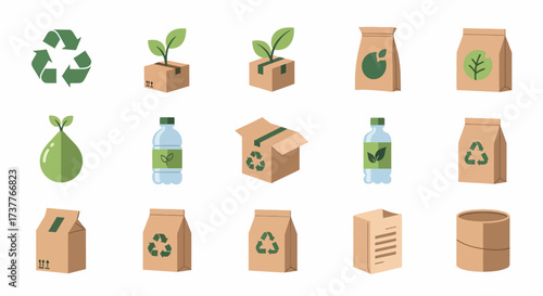 Collection of various eco-friendly recycling and packaging items.