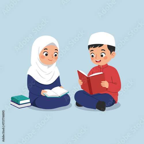 Happy Muslim Children Reading Books Together, Islamic Education Vector