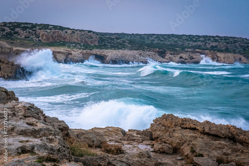 rough waves and storm at Cape Greco on Cyprus