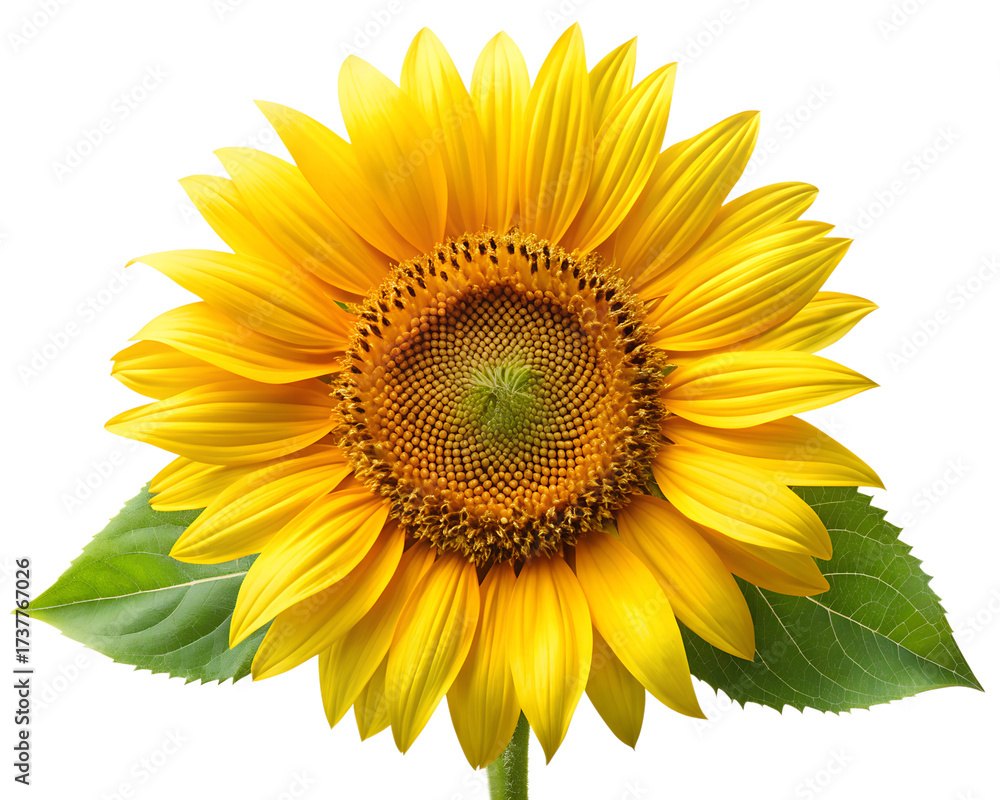 Fototapeta premium Bright yellow sunflower with green leaves isolated on transparent background