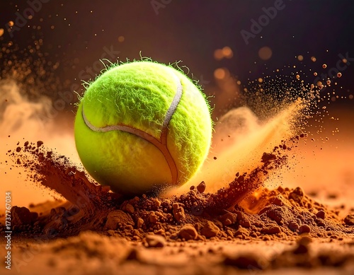 Tennis Ball on Clay Court, Action Shot.