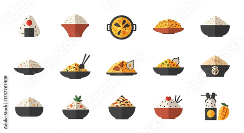 Collection of various rice dishes and bowls, showcasing diverse culinary preparations.