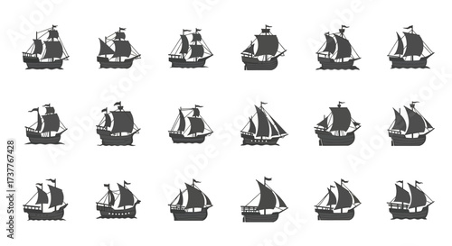 Collection of various sailing ships in different positions and angles.