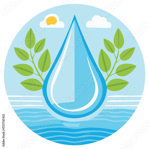Circular icon of a pure water drop with green leaves over a body of water and a sunny sky
