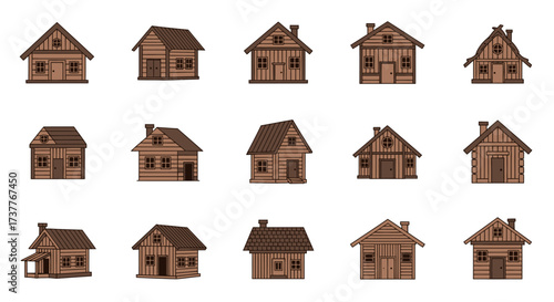 Collection of various rustic wooden houses and cabins.