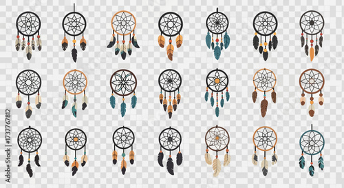 Collection of various traditional dreamcatchers with feathers and beads.