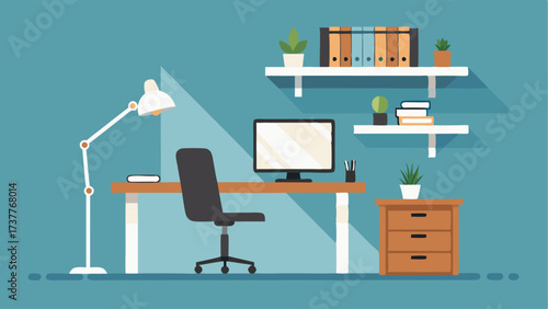 A home office with a white desk a black leather office chair and a simple wooden shelf with metal brackets for storage.