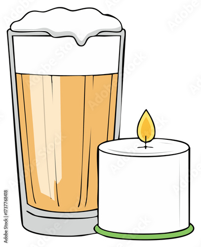 Illustrated Glass of Beer Beside a Burning Candle Vector Illustration